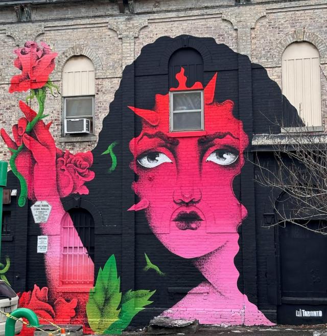 Large female face with three horn-like protrusions. The long hair is black and wavy and the face is reddish pink. A hand extends upwards holding a reddish pink rose.